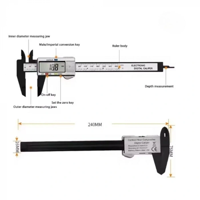 150mm Dijital Karbon Fiber Kumpas - Pil Hediyeli