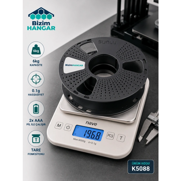 Nave K5088 Dijital Hassas Tartı 6kg/0.1g – 3D Baskı ve Atölye Kullanımı İçin