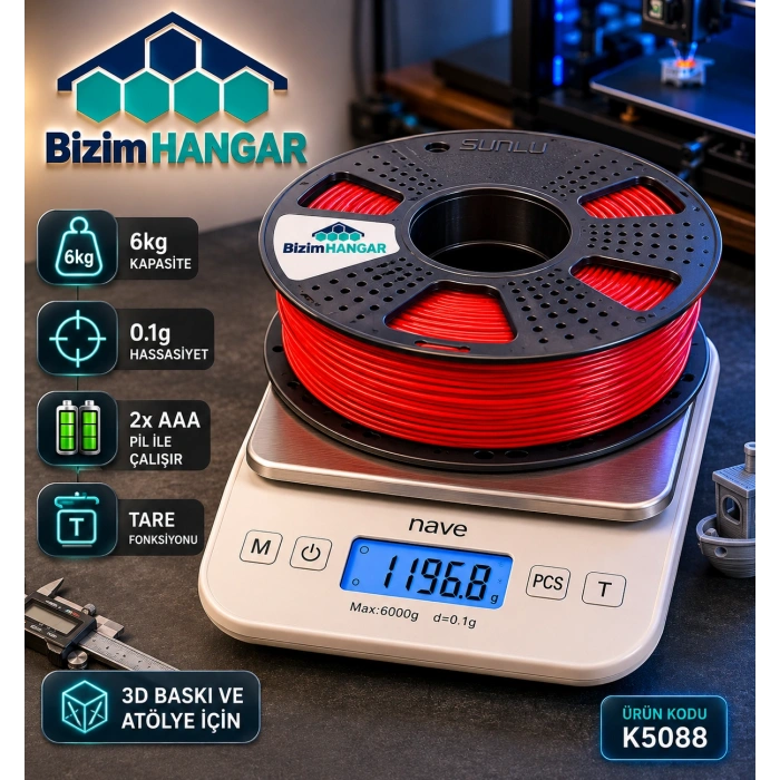 Nave K5088 Dijital Hassas Tartı 6kg/0.1g – 3D Baskı ve Atölye Kullanımı İçin