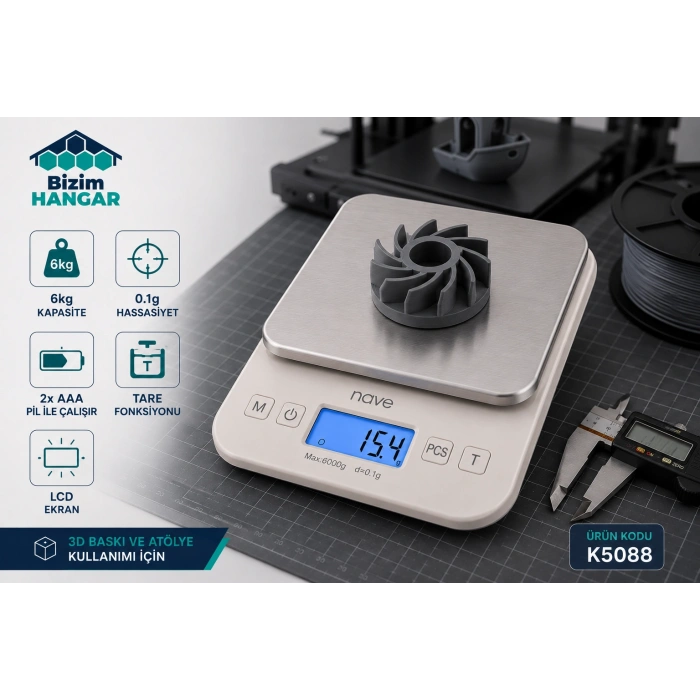 Nave K5088 Dijital Hassas Tartı 6kg/0.1g – 3D Baskı ve Atölye Kullanımı İçin