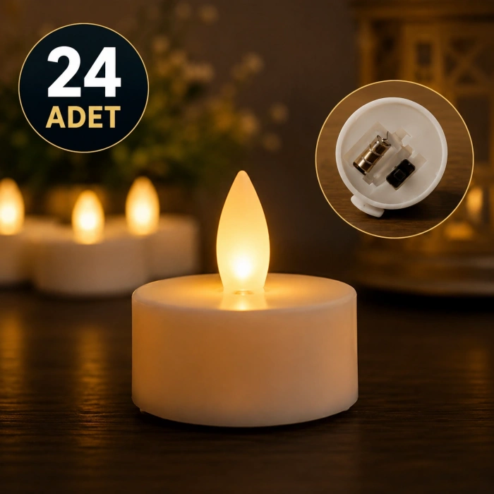 Tealight LED Mum Seti 24 Adet – Pilli, Dumansız, Güvenli Dekoratif Aydınlatma