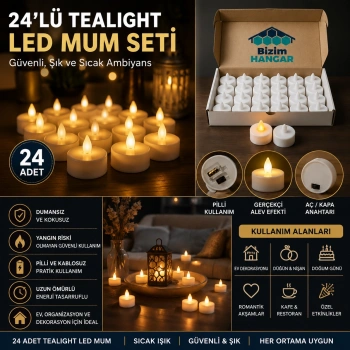 Tealight LED Mum Seti 24 Adet – Pilli, Dumansız, Güvenli Dekoratif Aydınlatma