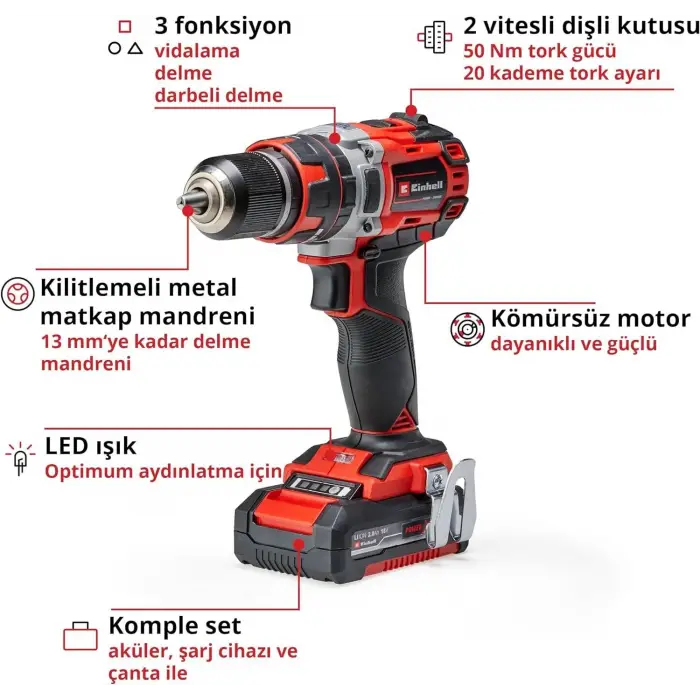 Einhell TE CD 18/50 Lİ-İ BL Darbeli Vidalama 2X2,0 Ah