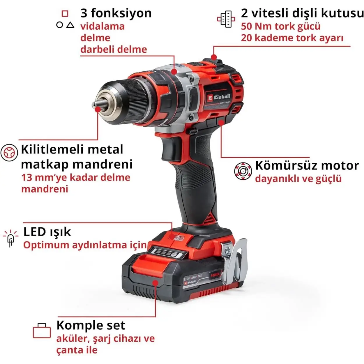 Einhell TE CD 18/50 Lİ-İ BL Darbeli Vidalama 2X2,0 Ah