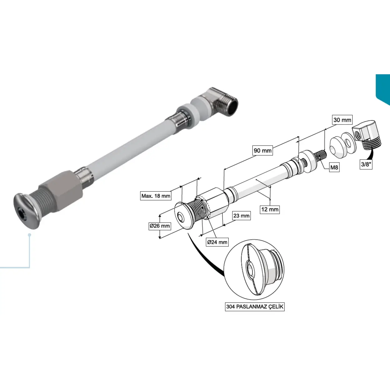 ESNEK TAHARET ÇUBUĞU KÜRESEL PASLANMAZ ÇELİK UÇLU DİRSEKLİ