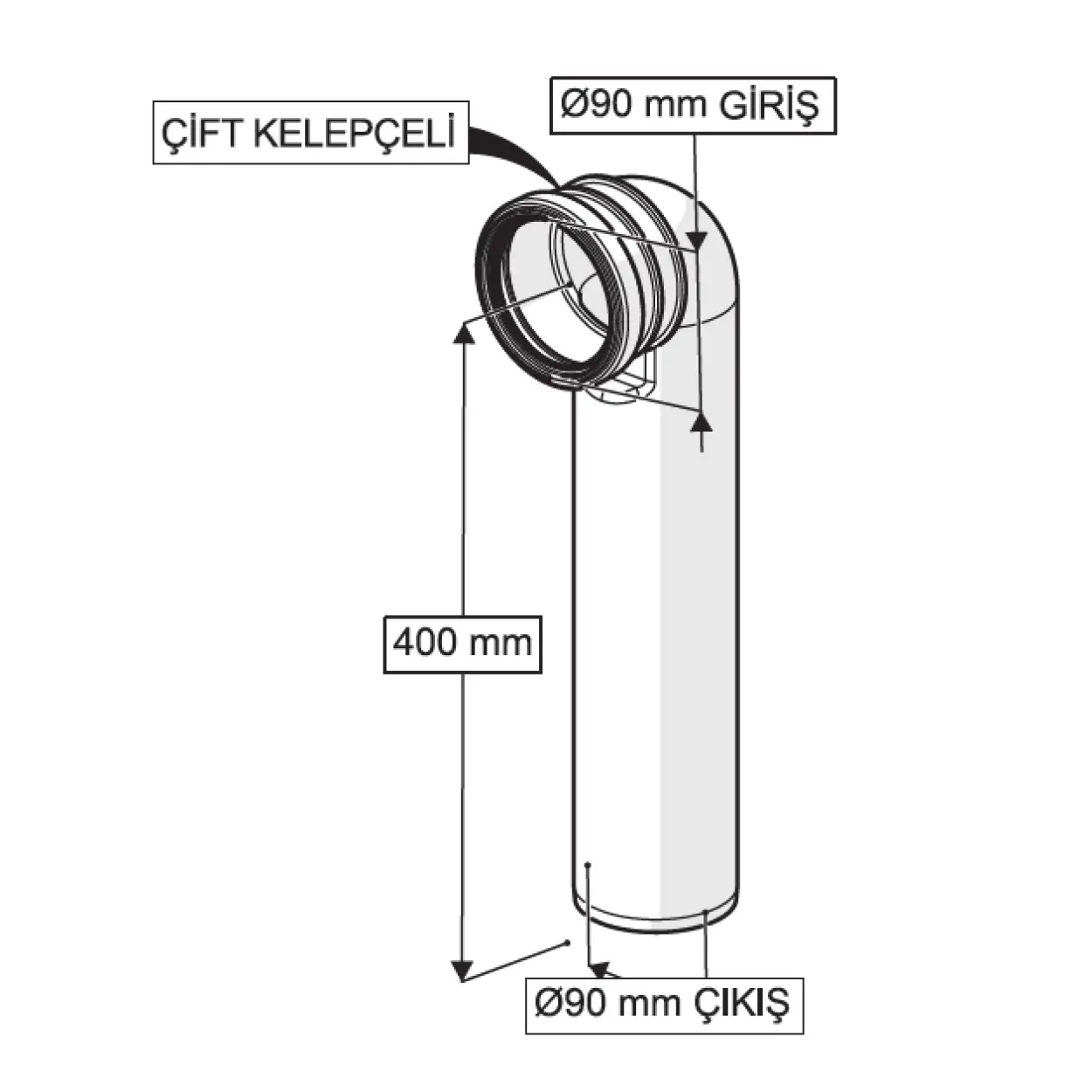 GÖMME REZERVUAR ÇİFT KELEPÇELİ PİS SU ÇIKIŞ DİRSEĞİ (Q90 X 450 mm)
