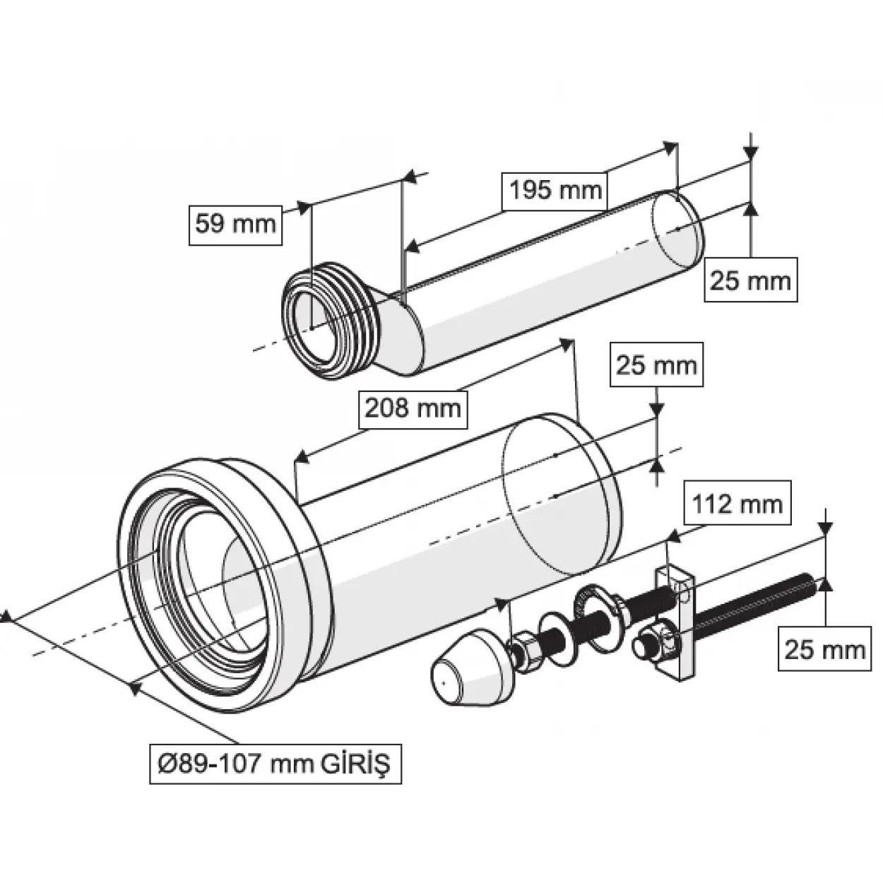 GÖMME REZERVUAR EKSANTRİK ASMA KLOZET MONTAJ KİTİ - 25 mm KAÇIK