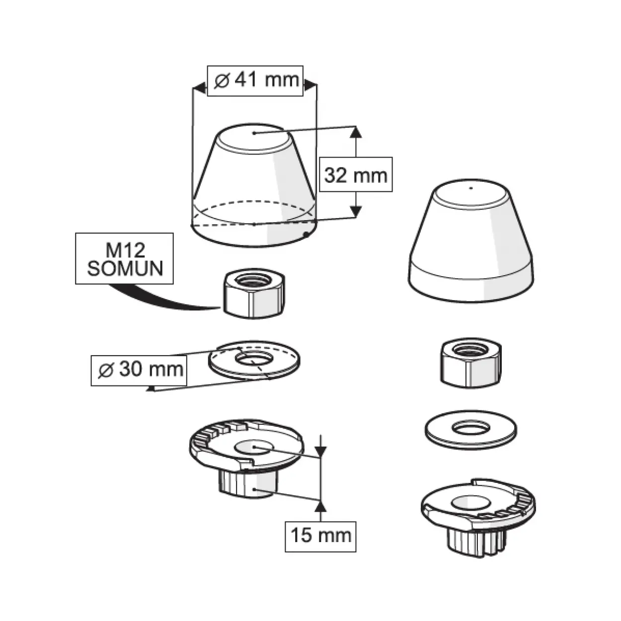 GÖMME REZERVUAR KADA SETİ + M12 KONİK BURÇ VE TAPA ( Q90X220 + Q45X180 mm )