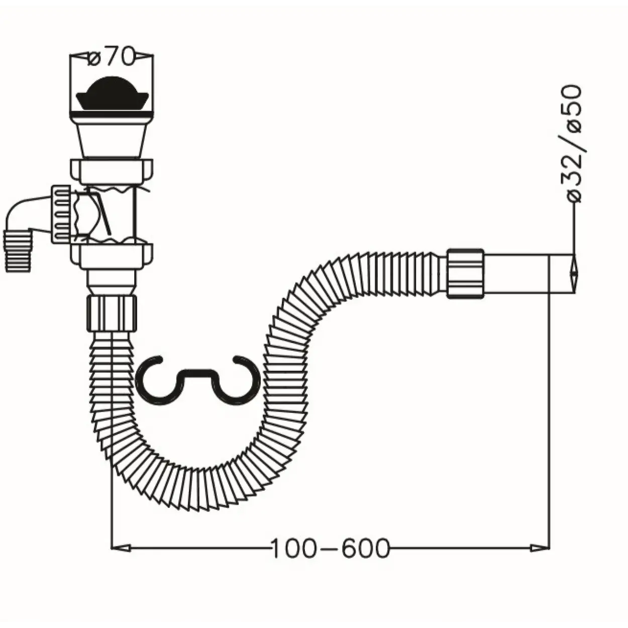 JAPAR - Lavabo ve Evye Sifonu Körüklü 11/2 Q50 (Çamaşır ve Bulaşık Makine Girişli )