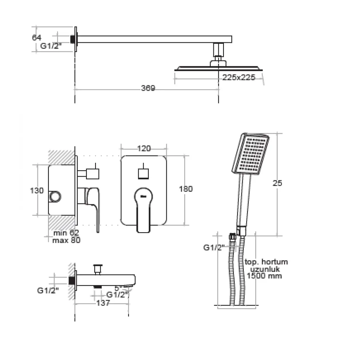 KARE - ANKASTRE BANYO SETİ 2 YOLLU