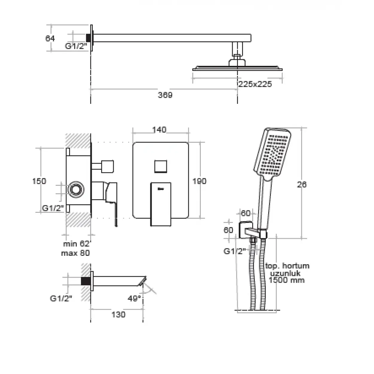 KARE - ANKASTRE BANYO SETİ 2 YOLLU SİYAH
