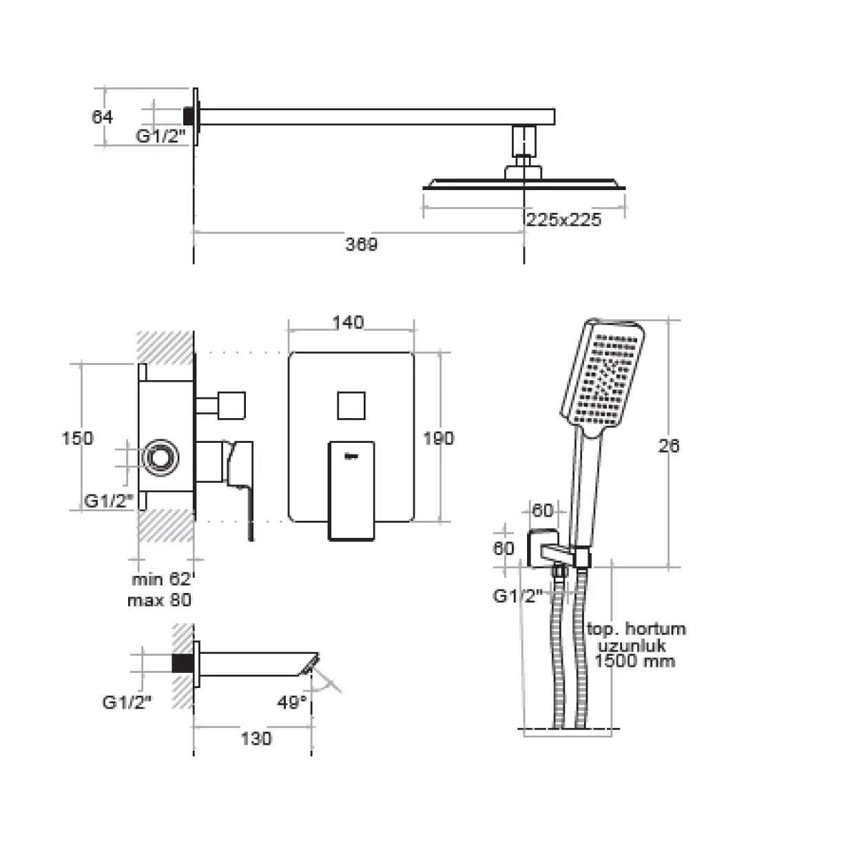 KARE - ANKASTRE BANYO SETİ 3 YOLLU
