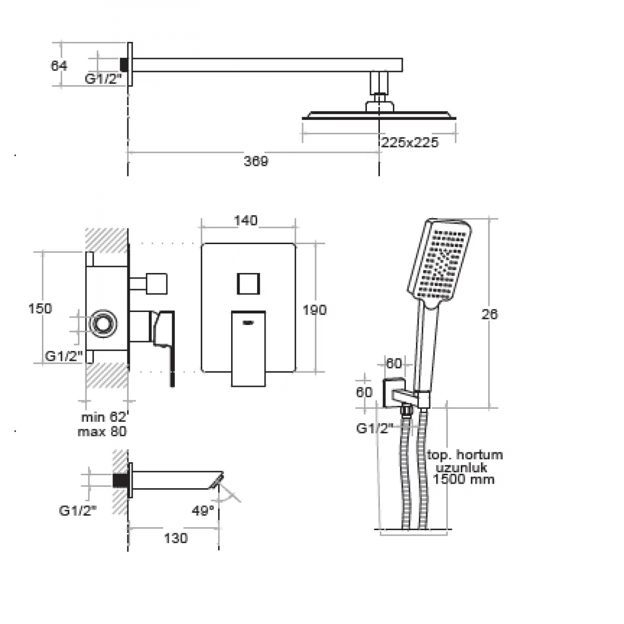 KARE - ANKASTRE BANYO SETİ 3 YOLLU GOLD