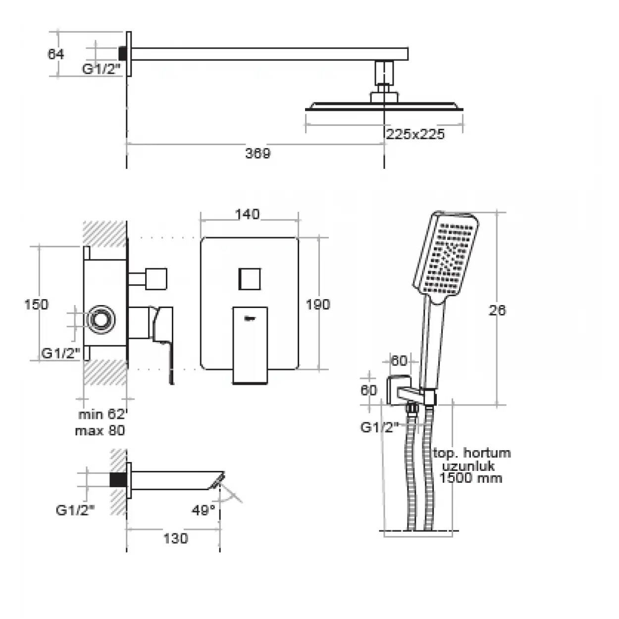 KARE - ANKASTRE BANYO SETİ 3 YOLLU SİYAH