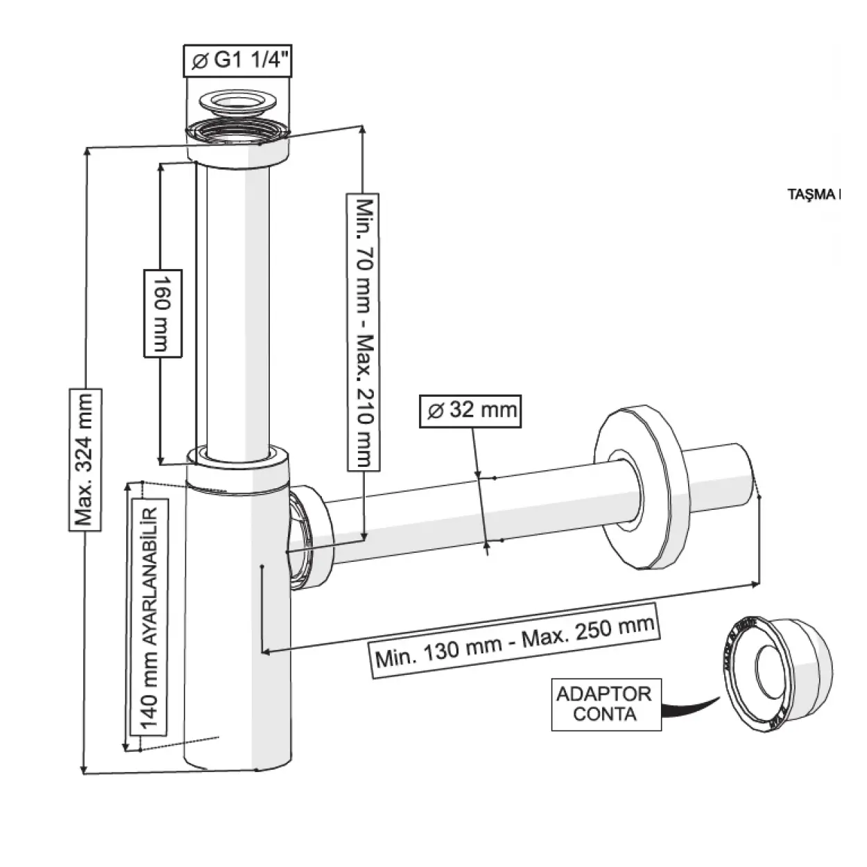 MOON PARLAK ALTIN SİFON - ELİXİR PUP UPLI - (TAŞMA DELİKSİZ) (MAX. 250 mm)