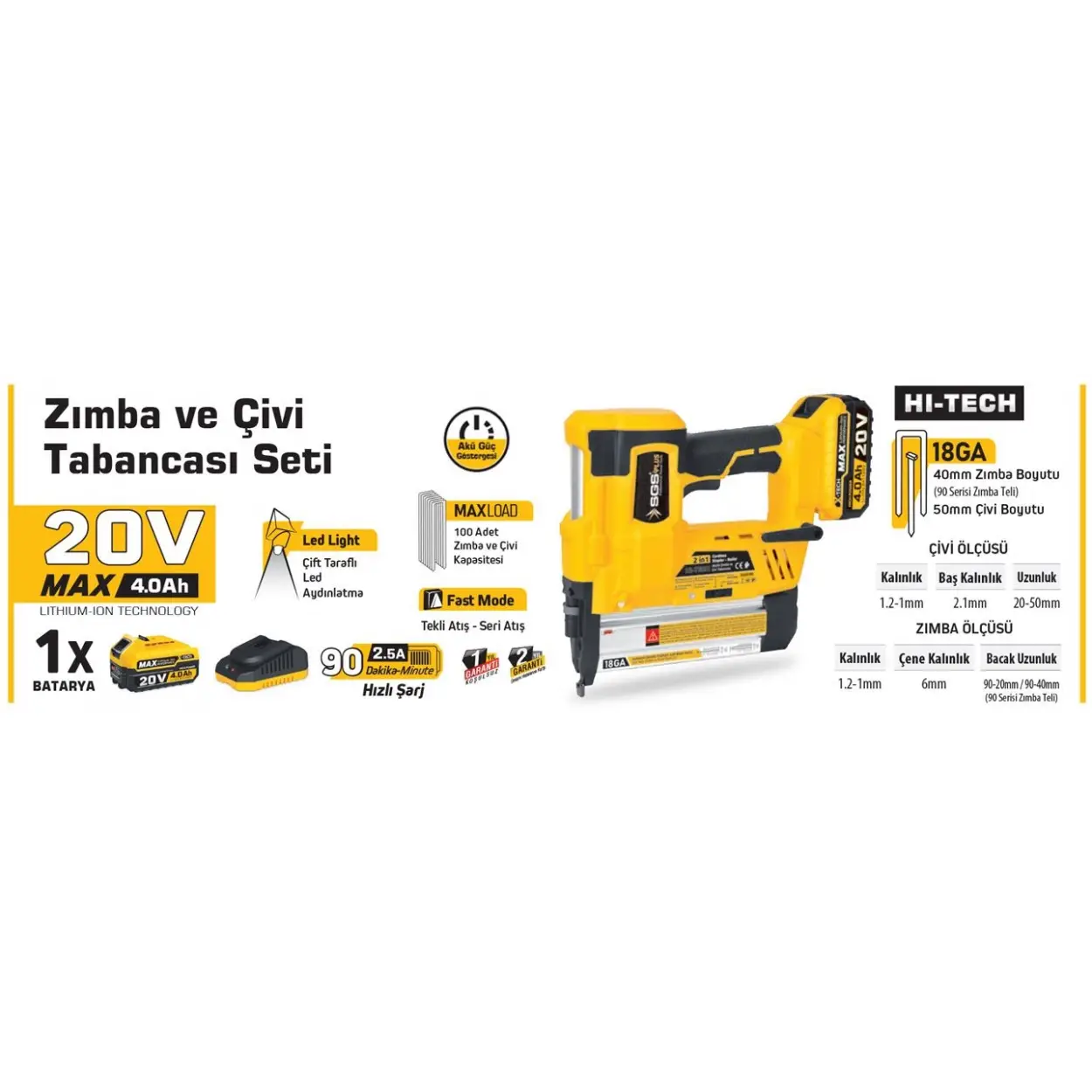 Sgs 5165 Akülü Zımba ve Çivi Çakma Tabanca Makinası 20 Volt