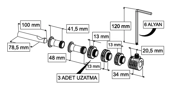 ASMA KLOZET GİZLİ MONTAJ SETİ T1 - ÜSTTEN MONTAJ + 3 UZATMALI + SABİTLEME BORULU