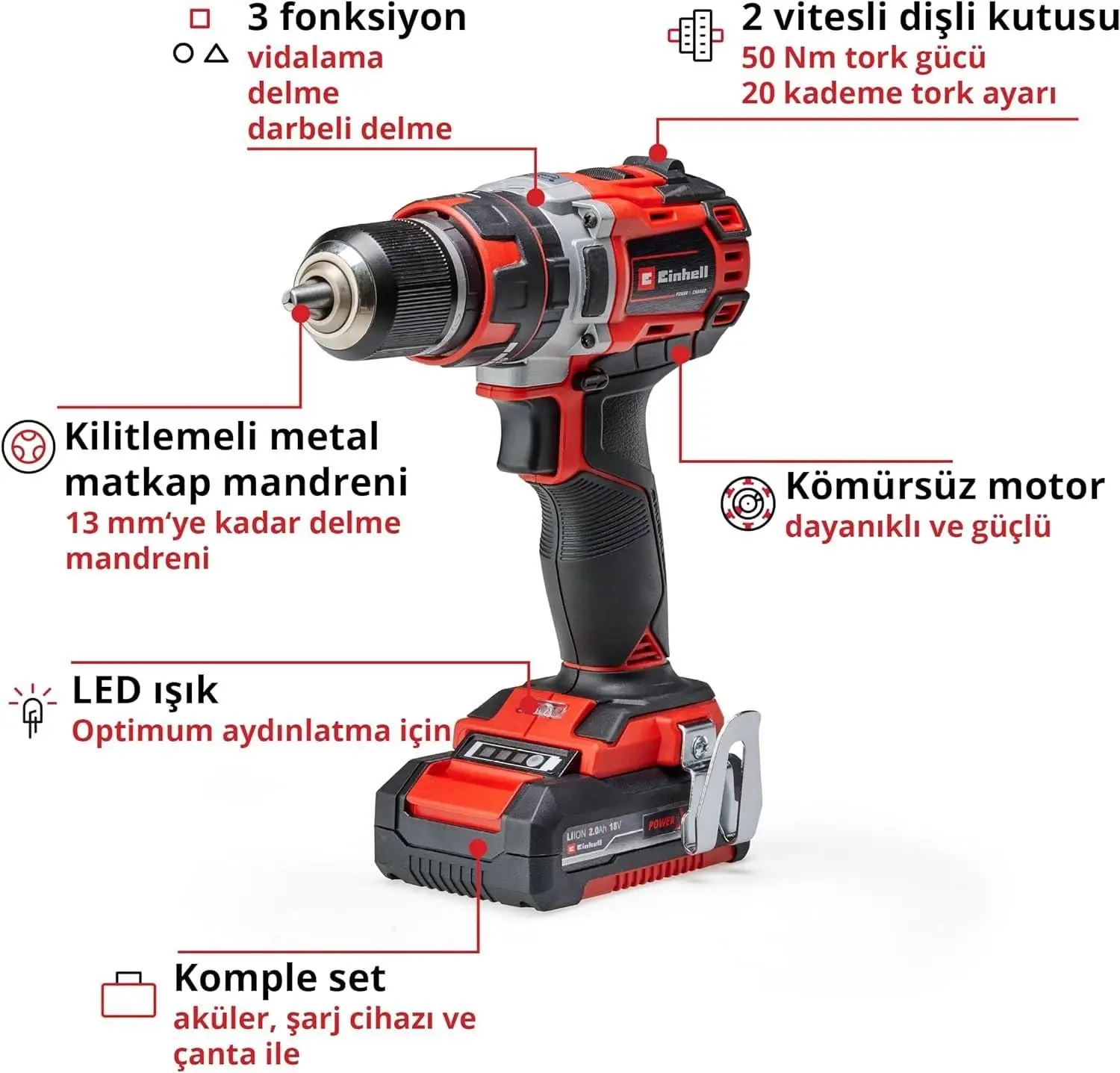 Einhell TE CD 18/50 Lİ-İ BL Darbeli Vidalama 2X2,0 Ah