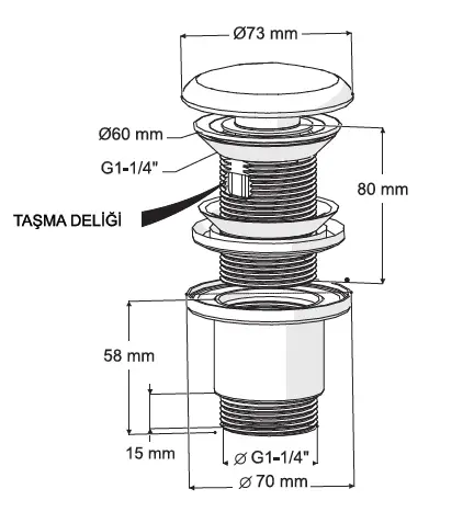 ELIXIR POP UP - SERAMİK BAŞLI PARLAK KROM (TAŞMA DELİKLİ - ABS GÖVDE)
