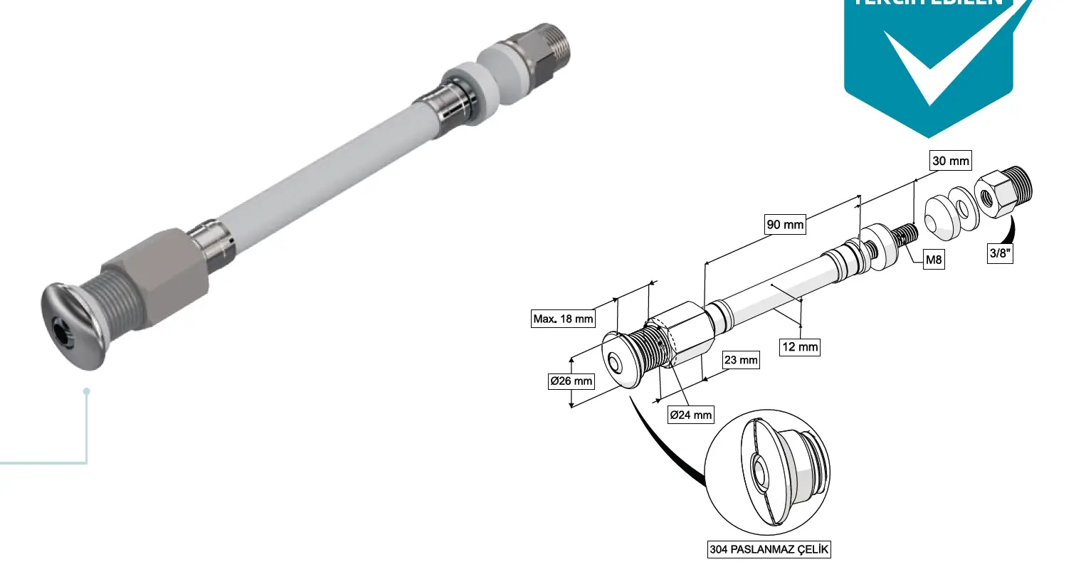 ESNEK TAHARET ÇUBUĞU KÜRESEL PASLANMAZ ÇELİK UÇLU RAKORLU