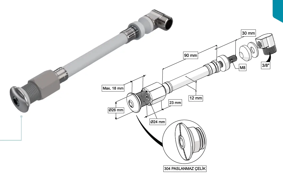 ESNEK TAHARET ÇUBUĞU KÜRESEL PASLANMAZ ÇELİK UÇLU DİRSEKLİ