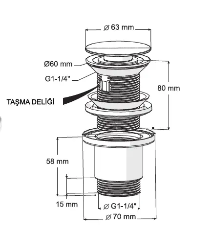 FELİX POP UP - 304 PASLANMAZ ÇELİK BAŞLIK (TAŞMA DELİKLİ - ABS GÖVDE)