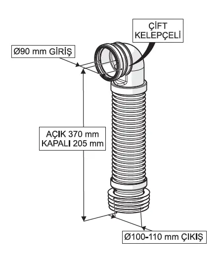 GÖMME REZERVUAR ÇİFT KELEPÇELİ KÖRÜKLÜ PİS SU ÇIKIŞ DİRSEĞİ (Q90X370 mm)
