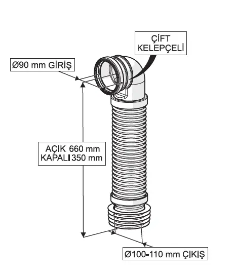 GÖMME REZERVUAR ÇİFT KELEPÇELİ KÖRÜKLÜ PİS SU ÇIKIŞ DİRSEĞİ (Q90X660 mm)