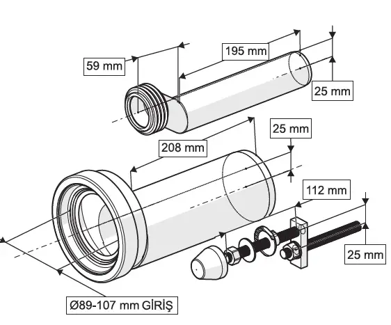 GÖMME REZERVUAR EKSANTRİK ASMA KLOZET MONTAJ KİTİ - 25 mm KAÇIK