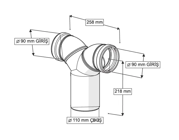 GÖMME REZERVUAR PİS SU ÇATAL DİRSEĞİ (Q90-90-110 X 260 mm)