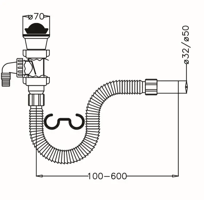 JAPAR - Lavabo ve Evye Sifonu Körüklü 11/2 Q50 (Çamaşır ve Bulaşık Makine Girişli )