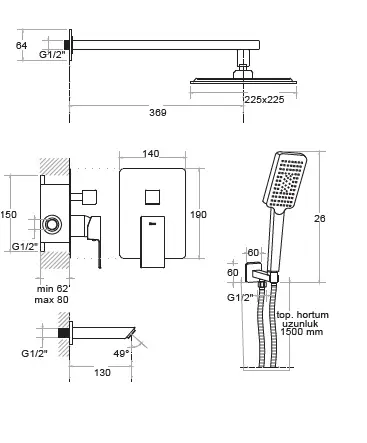 KARE - ANKASTRE BANYO SETİ 2 YOLLU SİYAH