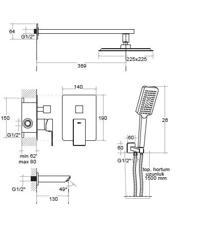 KARE - ANKASTRE BANYO SETİ 3 YOLLU