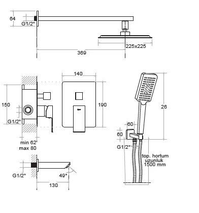 KARE - ANKASTRE BANYO SETİ 3 YOLLU SİYAH