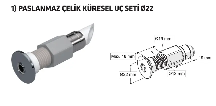 L TİPİ ESNEK TAHARET ÇUBUĞU KÜRESEL PASLANMAZ ÇELİK UÇLU RAKORLU