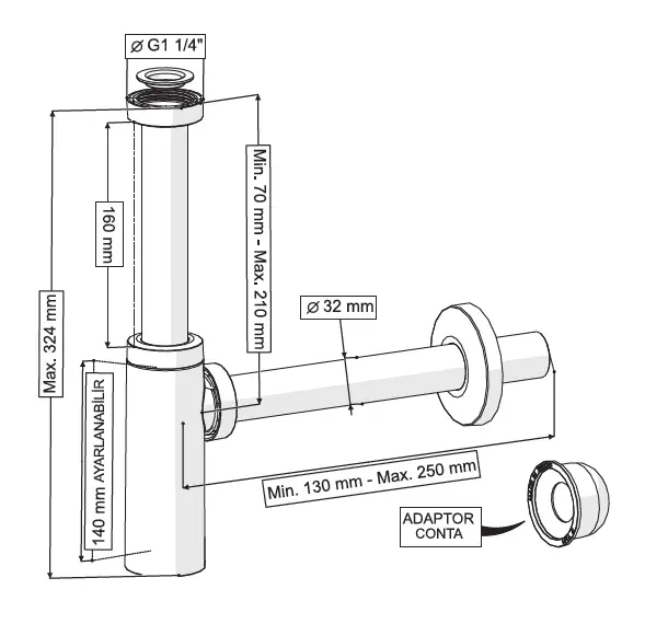 MOON AYARLANABİLİR SİFON - MAT BEYAZ - ABS (MAX. 250 mm)