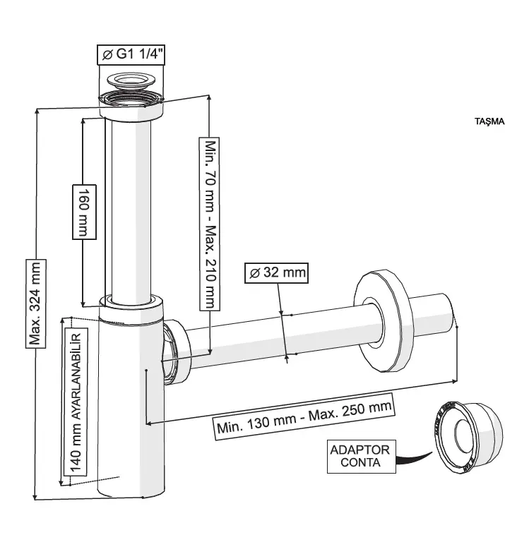 MOON MAT SİYAH SİFON - ELİXİR PUP UPLI - (TAŞMA DELİKSİZ) (MAX. 250 mm)