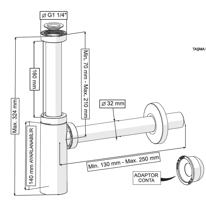 MOON PARLAK ALTIN SİFON - ELİXİR PUP UPLI - (TAŞMA DELİKSİZ) (MAX. 250 mm)