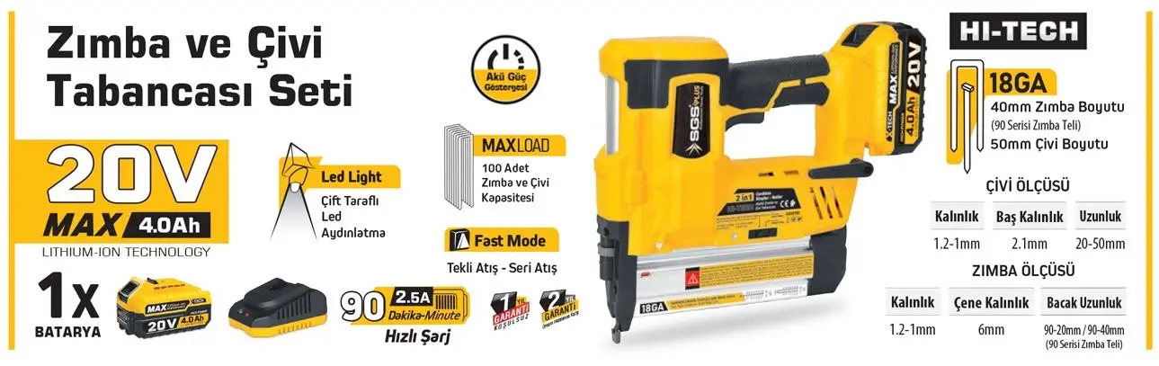 Sgs 5165 Akülü Zımba ve Çivi Çakma Tabanca Makinası 20 Volt