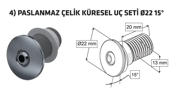 TAHARET ÇUBUĞU KÜRESEL PASLANMAZ ÇELİK UÇLU (Q22 15 DERECE)