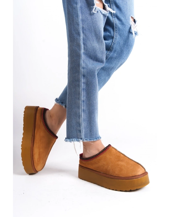 Kadın İçi Tüylü Süet Yarım Bot Rahat Ev Terliği Kalın Taban