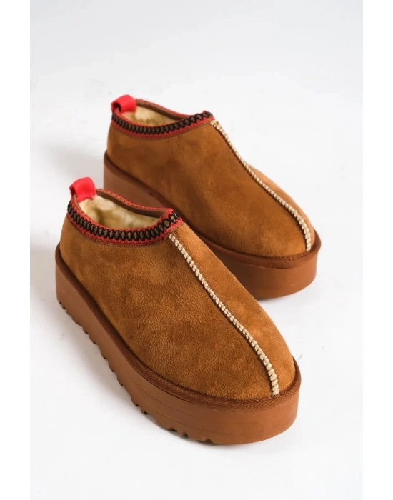 Kadın İçi Tüylü Süet Yarım Bot Rahat Ev Terliği Kalın Taban