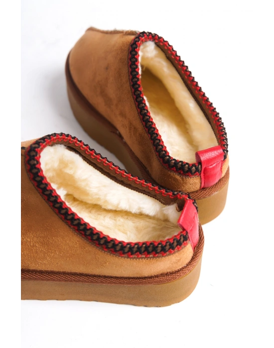 Kadın İçi Tüylü Süet Yarım Bot Rahat Ev Terliği Kalın Taban