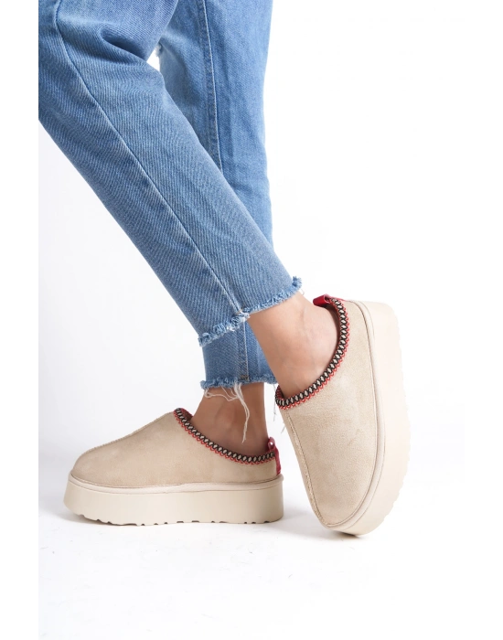 Kadın İçi Tüylü Süet Yarım Bot Rahat Ev Terliği Kalın Taban