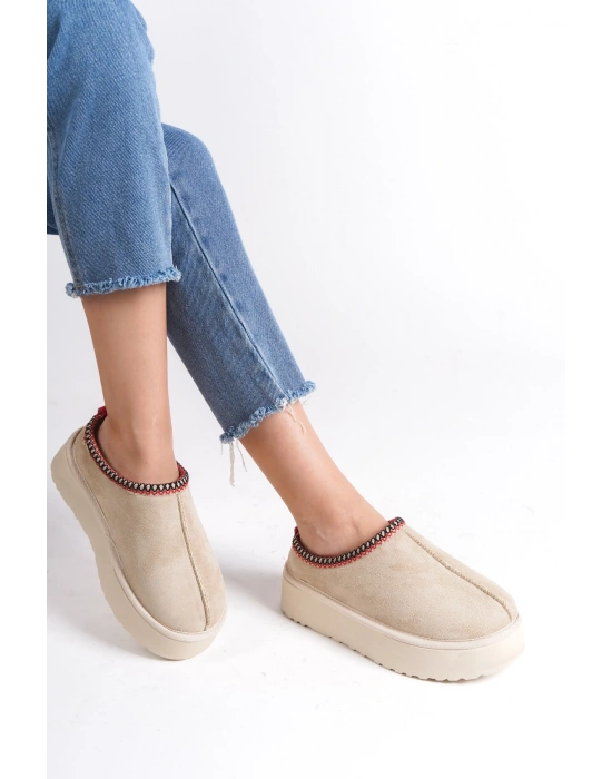 Kadın İçi Tüylü Süet Yarım Bot Rahat Ev Terliği Kalın Taban