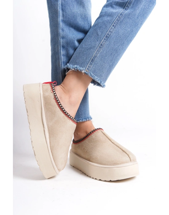 Kadın İçi Tüylü Süet Yarım Bot Rahat Ev Terliği Kalın Taban