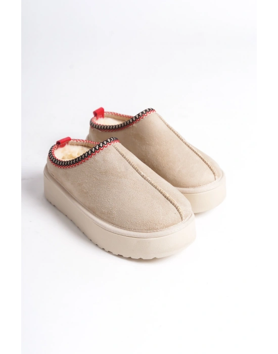 Kadın İçi Tüylü Süet Yarım Bot Rahat Ev Terliği Kalın Taban