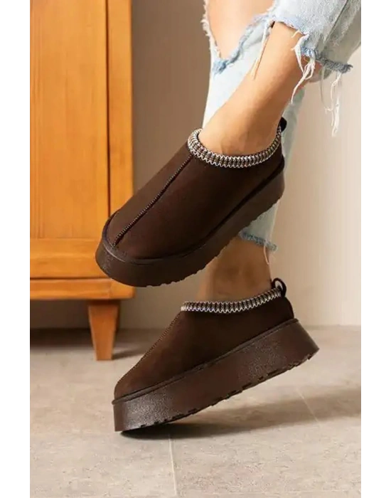 Kadın İçi Tüylü Süet Yarım Bot Rahat Ev Terliği Kalın Taban