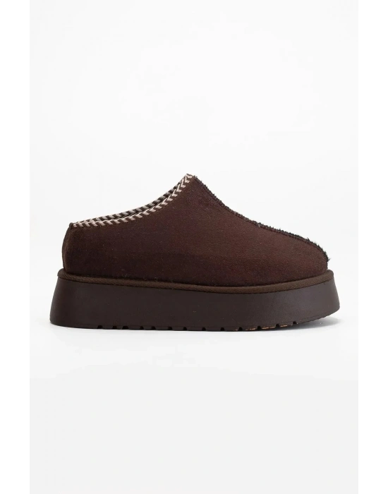 Kadın İçi Tüylü Süet Yarım Bot Rahat Ev Terliği Kalın Taban