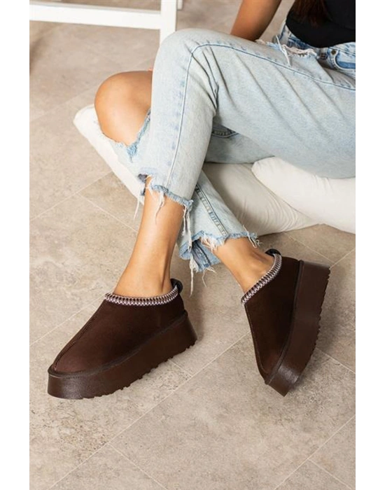 Kadın İçi Tüylü Süet Yarım Bot Rahat Ev Terliği Kalın Taban